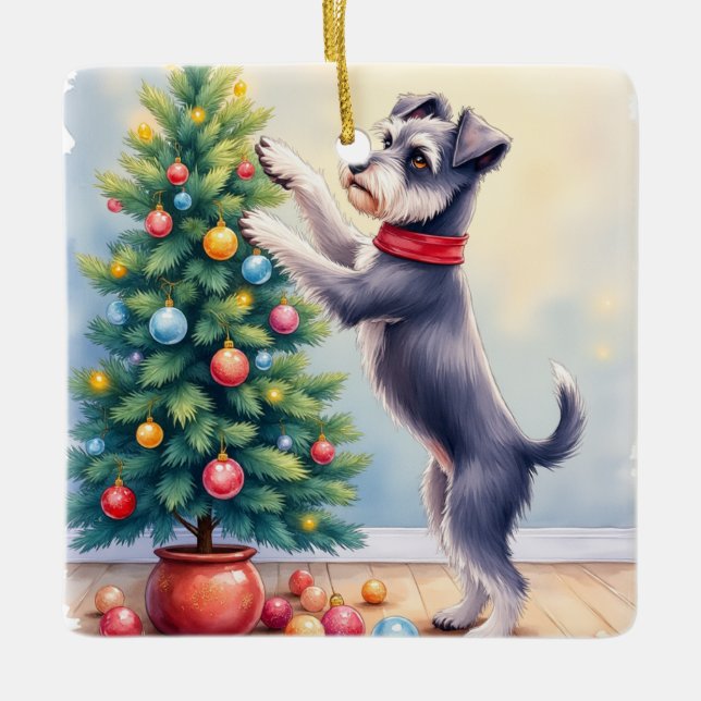 Miniature Schnauzer Decorating Christmas Tree Dog  Ceramic Ornament (Front)