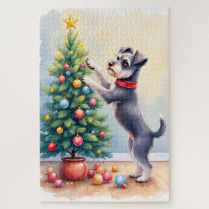 Miniature Schnauzer Decorating Christmas Tree Dog  Jigsaw Puzzle