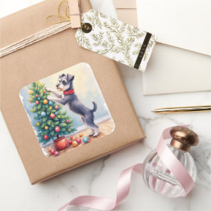 Miniature Schnauzer Decorating Christmas Tree Dog Square Sticker
