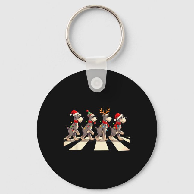 Miniature Schnauzer Dog Crossing Road Xmas  Keychain (Front)