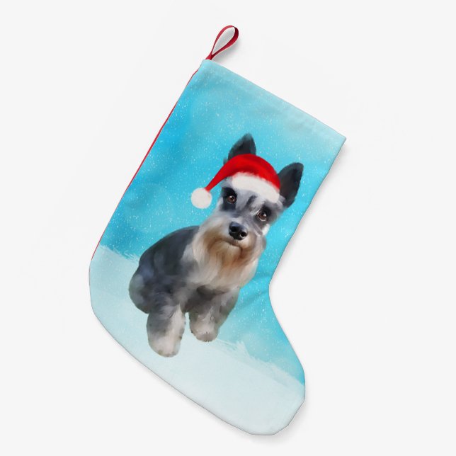 Miniature Schnauzer Dog In Snow Christmas Hat Small Christmas Stocking (Front (Hanging))