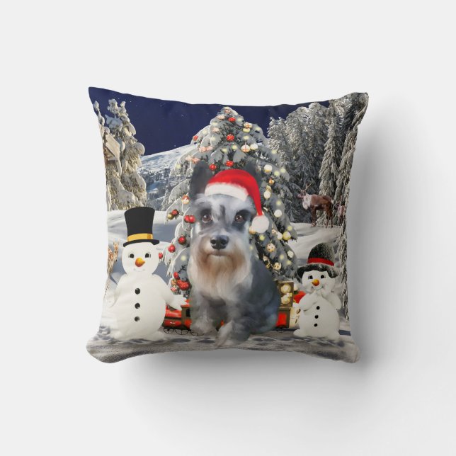 Miniature Schnauzer Dog In Snow Christmas Hat Throw Pillow (Front)