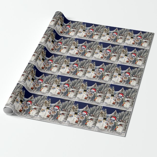 Miniature Schnauzer Dog In Snow Christmas Hat Wrapping Paper (Unrolled)