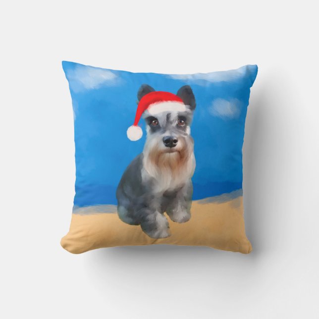 Miniature Schnauzer Dog On Beach Christmas Holiday Throw Pillow (Front)