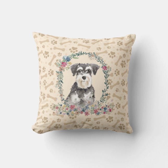 Miniature Schnauzer Dog Paw Print & Floral Cute Throw Pillow (Front)