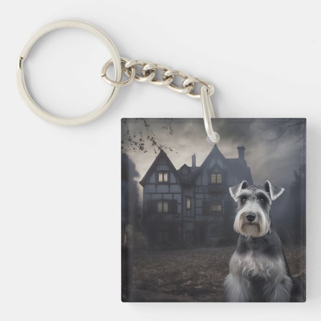 Miniature Schnauzer Halloween Scary Keychain (Front)