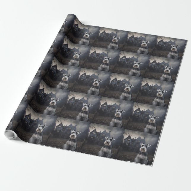 Miniature Schnauzer Halloween Scary Wrapping Paper (Unrolled)