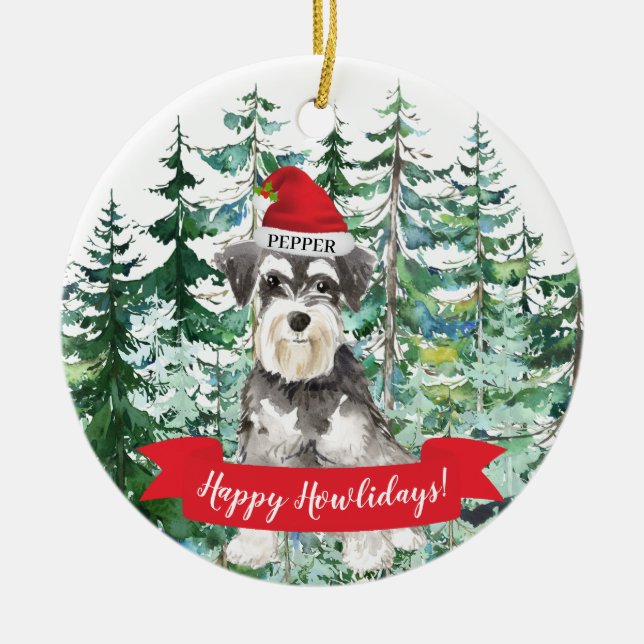 Miniature Schnauzer Happy Howlidays Dog Ceramic Ornament (Front)