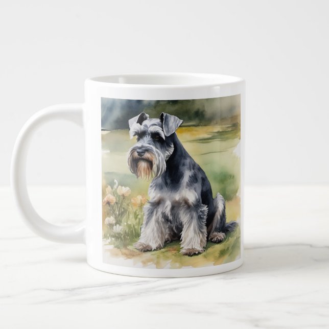 Miniature Schnauzer in the garden - Watercolor Large Coffee Mug (Left)