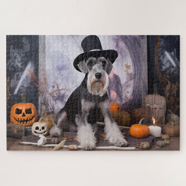 Miniature Schnauzer Pumpkins Halloween Scary  Jigsaw Puzzle (Horizontal)