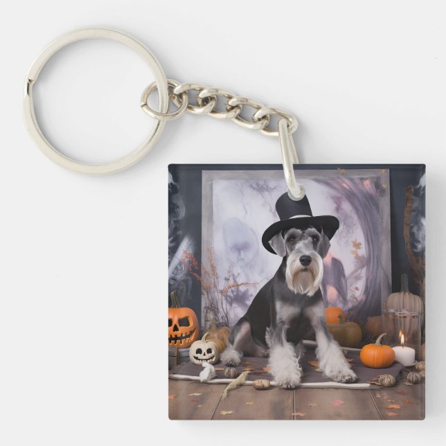 Miniature Schnauzer Pumpkins Halloween Scary  Keychain (Front)