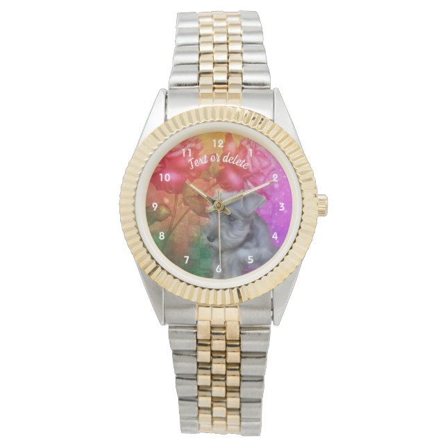 Miniature Schnauzer Puppy And Flowers Personalized Watch (Front)