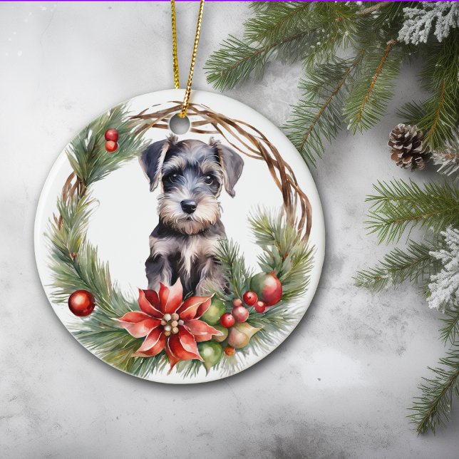 Miniature Schnauzer Puppy Poinsettia Wreath Ceramic Ornament (Creator Uploaded)