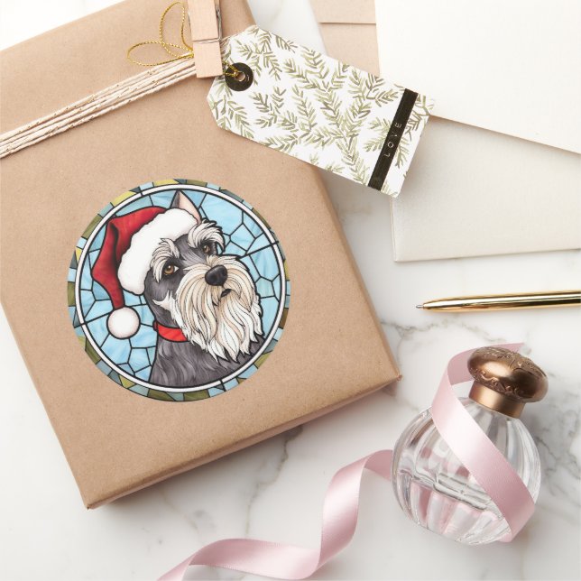 Miniature Schnauzer Stained Glass Christmas Classic Round Sticker (Gifting)