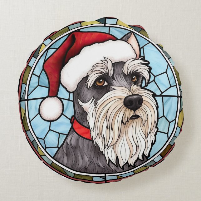 Miniature Schnauzer Stained Glass Christmas Round Pillow (Back)