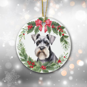 Miniature Schnauzer Terrier Red Bow Wreath Ceramic Ornament