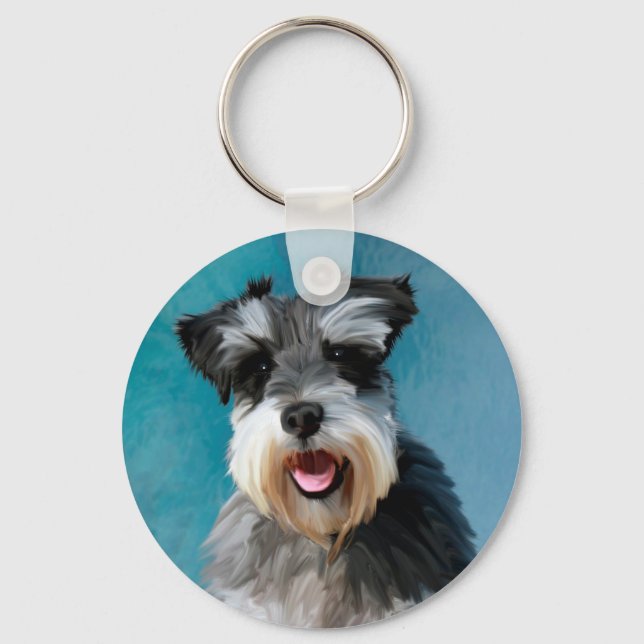 Miniature Schnauzer Water Colour Art Painting Keychain (Front)