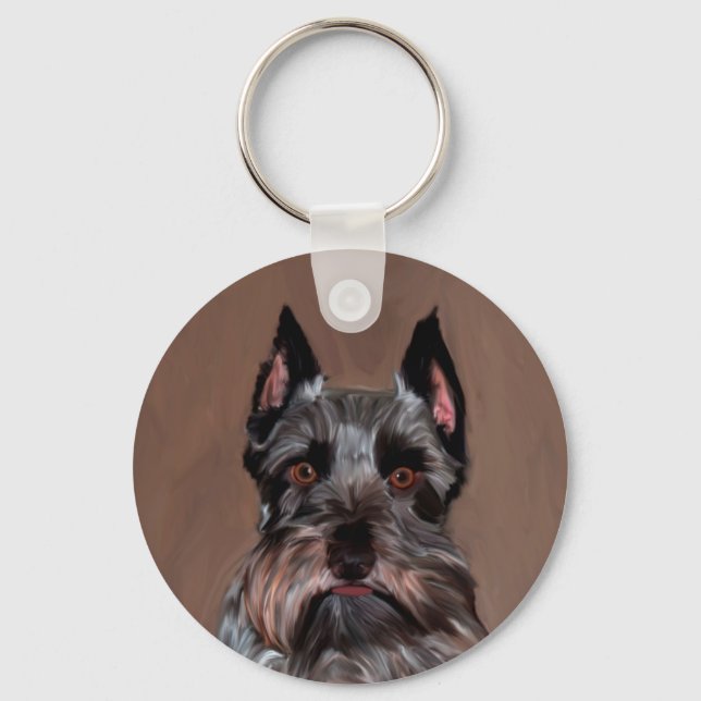Miniature Schnauzer Water Colour Art Painting Keychain (Front)