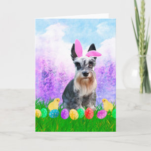 Miniature Schnauzer with Easter Eggs Bunny Chicks Holiday Card