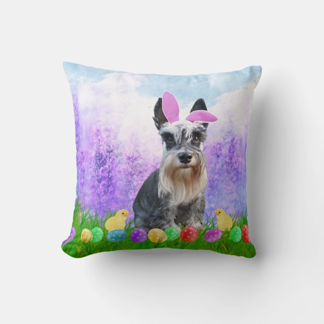 Miniature Schnauzer with Easter Eggs Bunny Chicks Throw Pillow (Front)