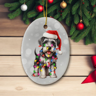 Miniature Schnauzer Wrapped in Christmas Lights Ceramic Ornament