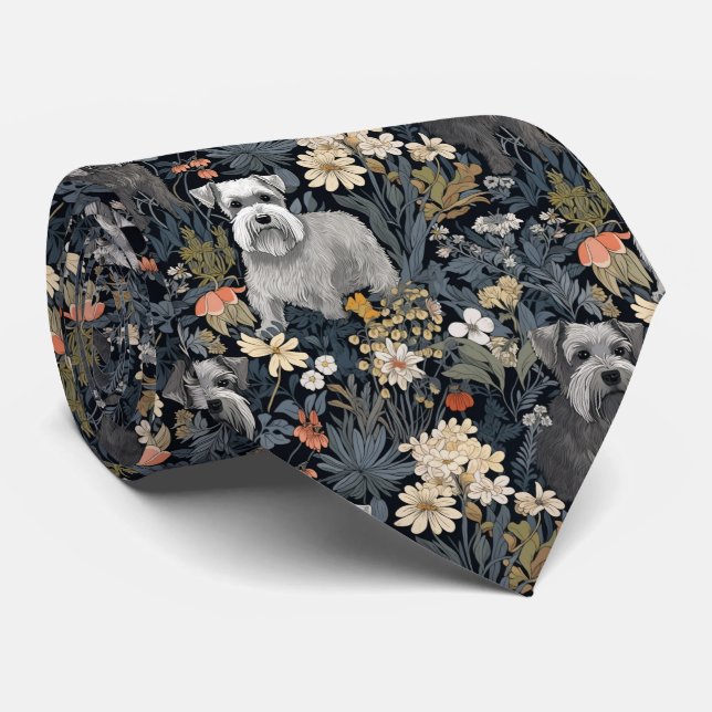 Miniature Schnauzers in a William Morris Garden Tie (Rolled)