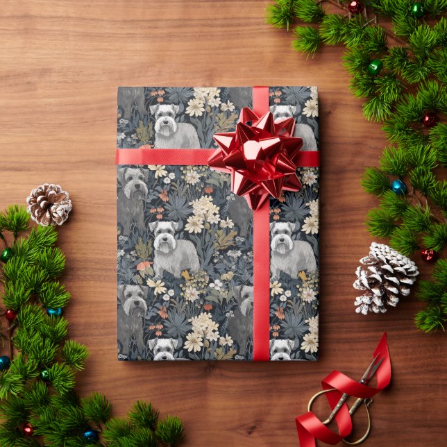 Miniature Schnauzers in a William Morris Garden Wrapping Paper (Holiday Gift)