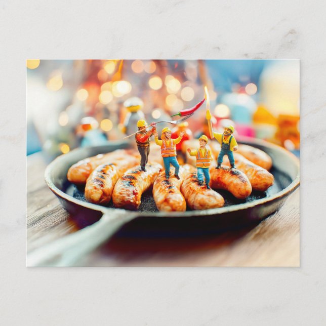 miniature workers frying sausages in pan holiday postcard (Front)