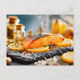 miniature workers grilling salmon with lemon holiday postcard