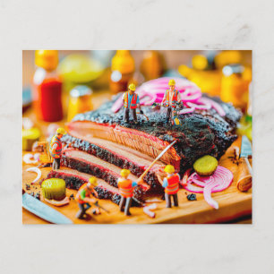 miniature workers grilling tuna steak holiday postcard