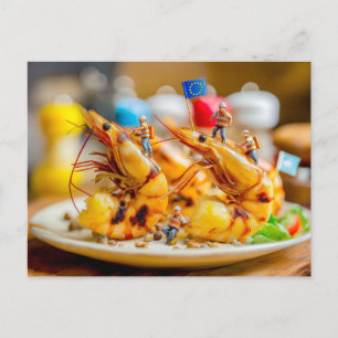 miniature workers preparing grilled shrimps holiday postcard