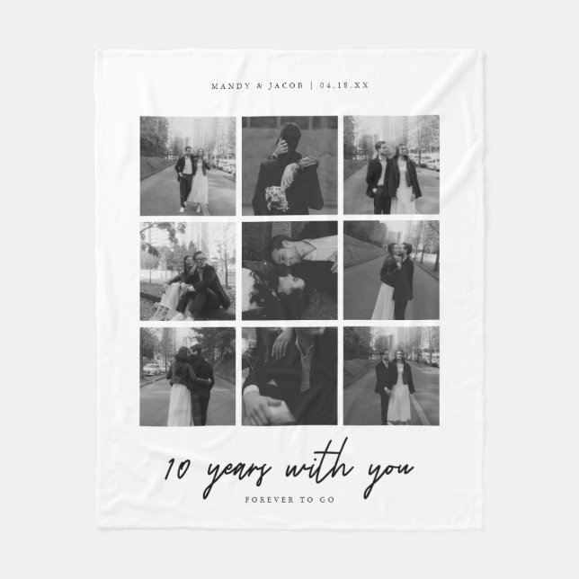 Minimal 10-Year Anniversary Wedding Photo Collage Fleece Blanket (Front)