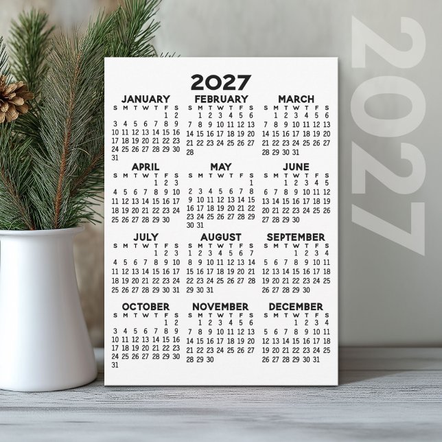 Minimal 2027 Calendar - Full Year View Black White Program (2027 Calendar printed on Cardstock)