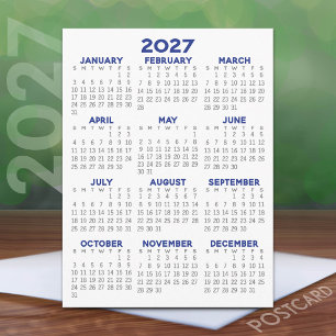 Minimal 2027 Calendar - Full Year View Grey Blue Postcard