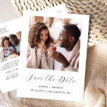 Minimal 2-Photo Black and White Save the Date Announcement Postcard<br><div class="desc">This simple, minimalist Save the Date postcard features a square photo above the words "Save the Date" in elegant black handwriting script, followed by the couple's names, wedding date and city in sans serif font on a white background. Add a second, horizontal photo and a more detailed message with additional...</div>