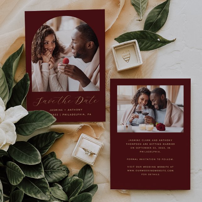 Minimal 2-Photo Boho Arch Burgundy Gold Save The Date (Creator Uploaded)