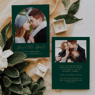 Minimal 2-Photo Boho Arch Emerald Green Gold Save The Date