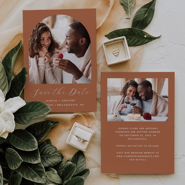 Minimal 2-Photo Boho Arch Terracotta Save The Date (Creator Uploaded)