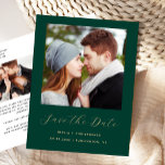Minimal 2-Photo Emerald Green Gold Save the Date Announcement Postcard<br><div class="desc">This simple, minimalist Save the Date postcard features a square photo above the words "Save the Date" in elegant gold-coloured handwriting script, followed by the couple's names, wedding date and city in sans serif font on an emerald green background. Add a second, horizontal photo and a more detailed message with...</div>