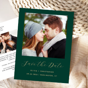 Minimal 2-Photo Emerald Green Gold Save the Date Announcement Postcard
