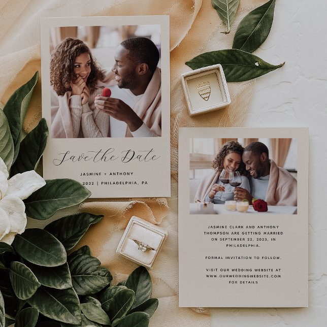 Minimal 2-Photo Script Beige Save The Date (Creator Uploaded)