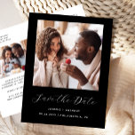 Minimal 2-Photo Script Black Save the Date Announcement Postcard<br><div class="desc">This simple, minimalist Save the Date postcard features a square photo above the words "Save the Date" in elegant white handwriting script, followed by the couple's names, wedding date and city in sans serif font on a black background. Add a second, horizontal photo and a more detailed message with additional...</div>