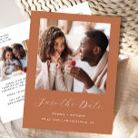 Minimal 2-Photo Script Terracotta Save the Date Announcement Postcard<br><div class="desc">This simple, minimalist Save the Date postcard features a square photo above the words "Save the Date" in elegant white handwriting script, followed by the couple's names, wedding date and city in sans serif font on a terracotta background. Add a second, horizontal photo and a more detailed message with additional...</div>