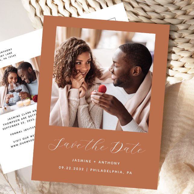 Minimal 2-Photo Script Terracotta Save the Date Announcement Postcard (Creator Uploaded)