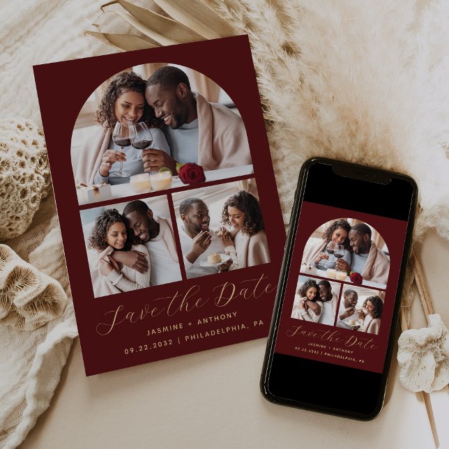 Minimal 3-Photo Collage Arch Burgundy Gold Save The Date (Creator Uploaded)
