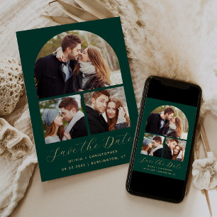 Minimal 3-Photo Collage Arch Emerald Green Gold Save The Date