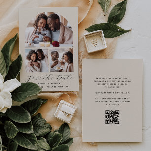 Minimal 3-Photo Collage Arch QR Code Beige Save The Date