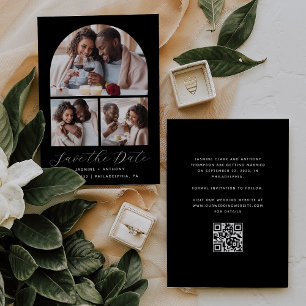 Minimal 3-Photo Collage Arch QR Code Black White Save The Date
