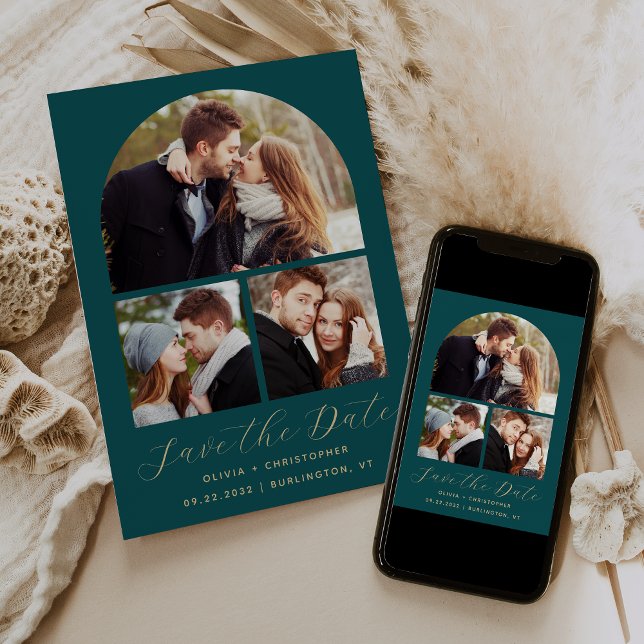 Minimal 3-Photo Collage Arch Teal Blue Gold Save The Date (Creator Uploaded)