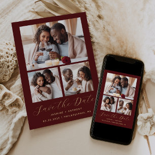 Minimal 3-Photo Collage Burgundy Gold Save The Date